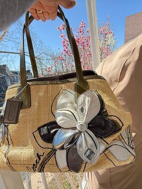 Coach Straw Tote with Olive Trim and Black, Silver Floral Applique